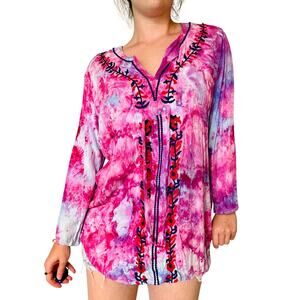 Ice Dyed Pink and Purple Vintage Blouse Embroidered Festival Top